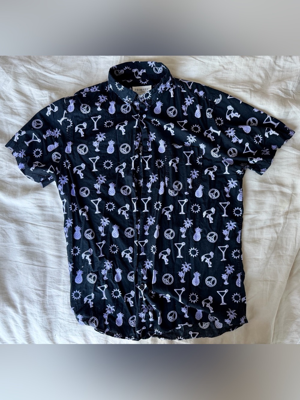 Primark Black Shirt with Lilac Tropical Icons
